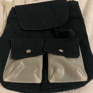 Vintage Denim Mini Backpack Bag Purse White Webbing Straps Plastic Pockets